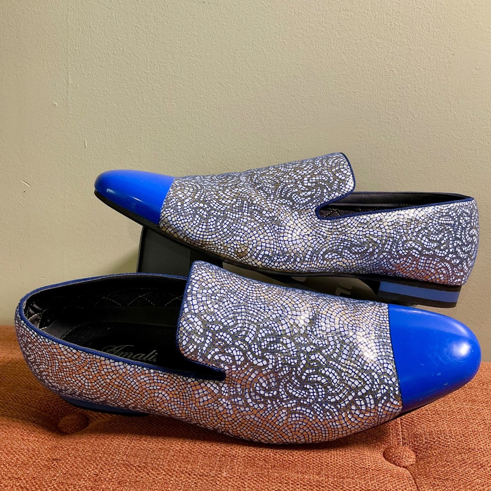 Amali Saray-052 Mens 14‎ Mosaic Loafers Blue Gold Cap Toe Shoes Smoking Slippers